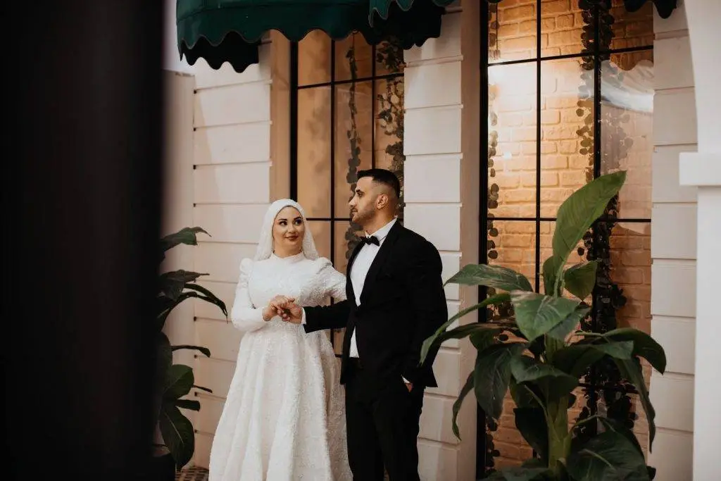 Beautiful wedding couple posing in a romantic Istanbul location.