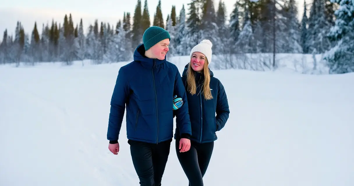 Nuori suomalainen pari k&auml;velee talvisessa pohjoismaisessa maisemassa