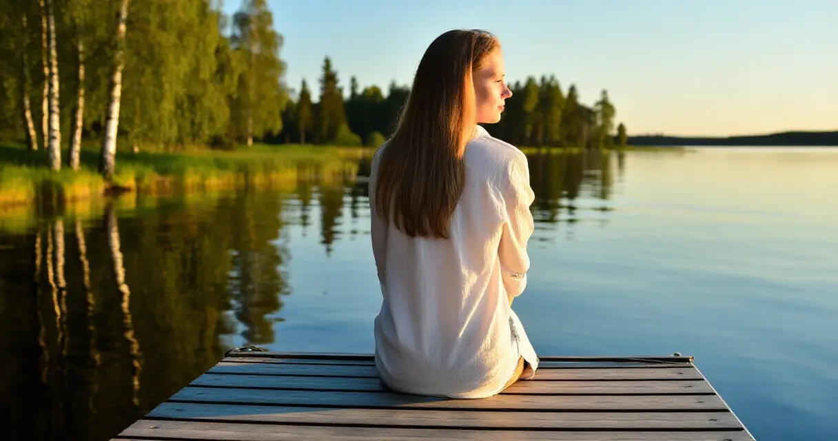 Nainen istuu j&auml;rvenrannalla kes&auml;illassa rauhallisessa ymp&auml;rist&ouml;ss&auml;