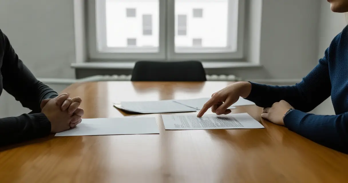 Kaksi henkilöä käy läpi ositusasiakirjoja pöydän ääressä rauhallisessa toimistoympäristössä