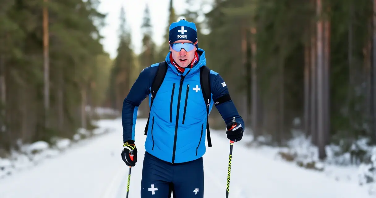 Suomalainen maastohiiht&auml;j&auml; hiiht&auml;&auml; talvisessa mets&auml;maisemassa